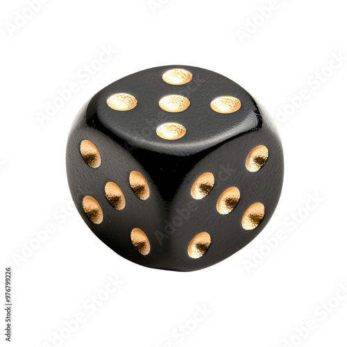 A close-up view of a shiny black die featuring gold dots, perfect for games, gambling, and playful activities. photo