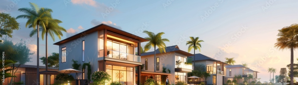 Modern Tropical Villa with Palm Trees at Sunset Modern Tropical Villa with Palm Trees at Sunset