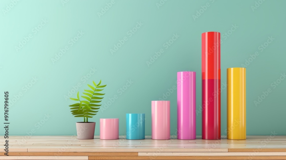 Colorful Cylinders on Wooden Table with Green Plant Colorful Cylinders on Wooden Table with Green Plant