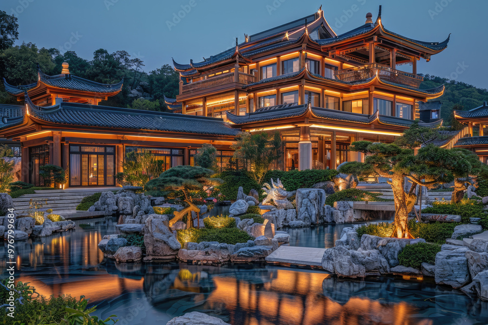 Fototapeta premium Chinese architecture at night, pavilions and towers