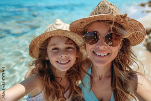 Mother and daughter taking selfie on beach vacation