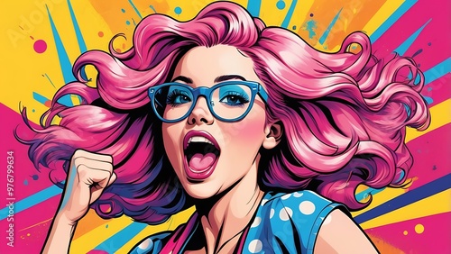 Comic book-style illustration of an empowered woman with blue and pink hair, wearing pink glasses and a light blue t-shirt, set against a dynamic background of bold patterns and colors.