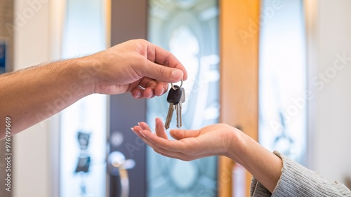 Hotel Check-In: Receiving Room Keys. A hotel receptionist hands over room keys to a guest at the front desk. The image evokes a sense of arrival, hospitality, and the beginning of a pleasant stay. photo