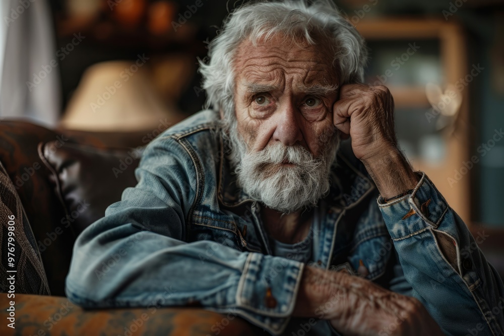 Senior man with white beard sitting and leaning on hand Senior man with white beard sitting and leaning on hand