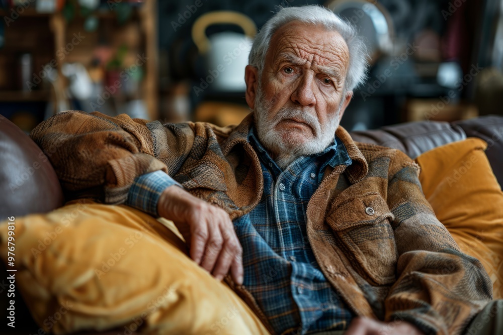 Serious senior man sitting on sofa at home Serious senior man sitting on sofa at home