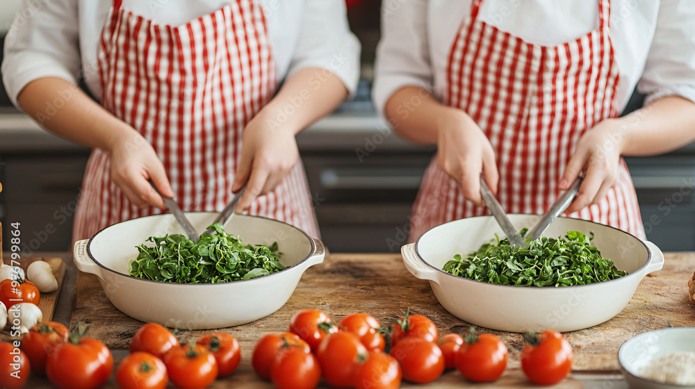 Two chefs in aprons chopping vegetables in a bright kitchen. Fresh produce Two chefs in aprons chopping vegetables in a bright kitchen. Fresh produce