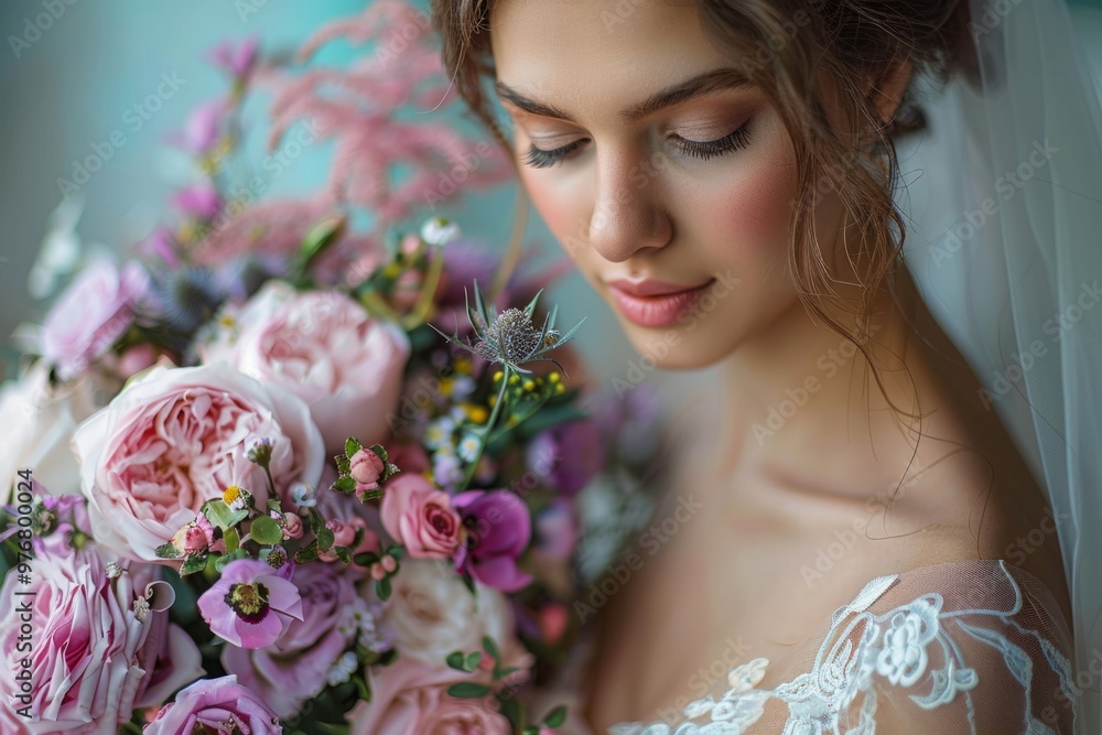 Naklejka premium Bride holding bouquet of colorful flowers