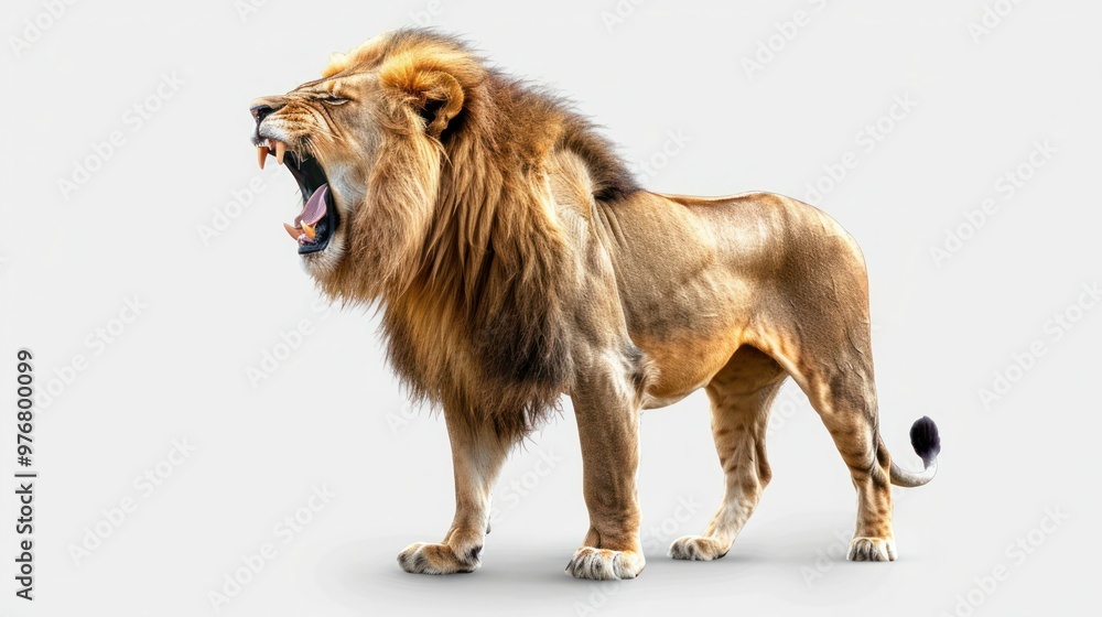 Obraz premium majestic lion standing and roaring isolated on a transparent background.