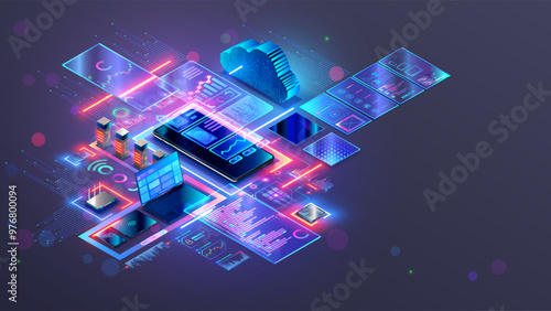 Web design concept. Website design for mobile phone. Web site, mobile app development concept. Isometric phone with responsive layout web pages, internet design elements, software development icons.