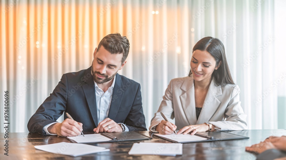 Two business professionals, a man and a woman, are sitting at a table in a modern office, signing documents. They are dressed in formal attire, and the atmosphere is professional and focused. Two business professionals, a man and a woman, are sitting at a table in a modern office, signing documents. They are dressed in formal attire, and the atmosphere is professional and focused.