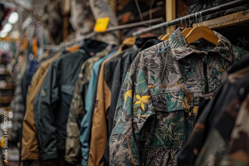 Camouflage jackets hanging in a hunting and fishing store