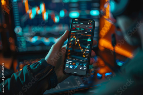 Stockbroker analyzing cryptocurrency chart on smartphone with graphs on background