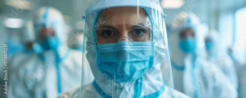 Team of medical professionals wearing protective suits standing in hospital corridor