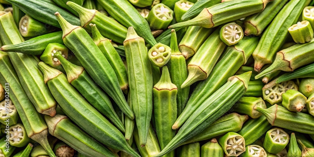 Fototapeta premium Tiny okra seeds with intricate textures and patterns lay scattered on a clean, white background, ready to burst
