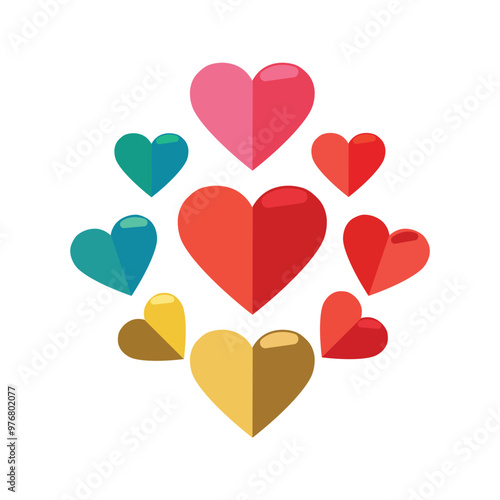Colorful cute hearts in a whimsical pattern, Love concept, Valentines day, cartoon style.