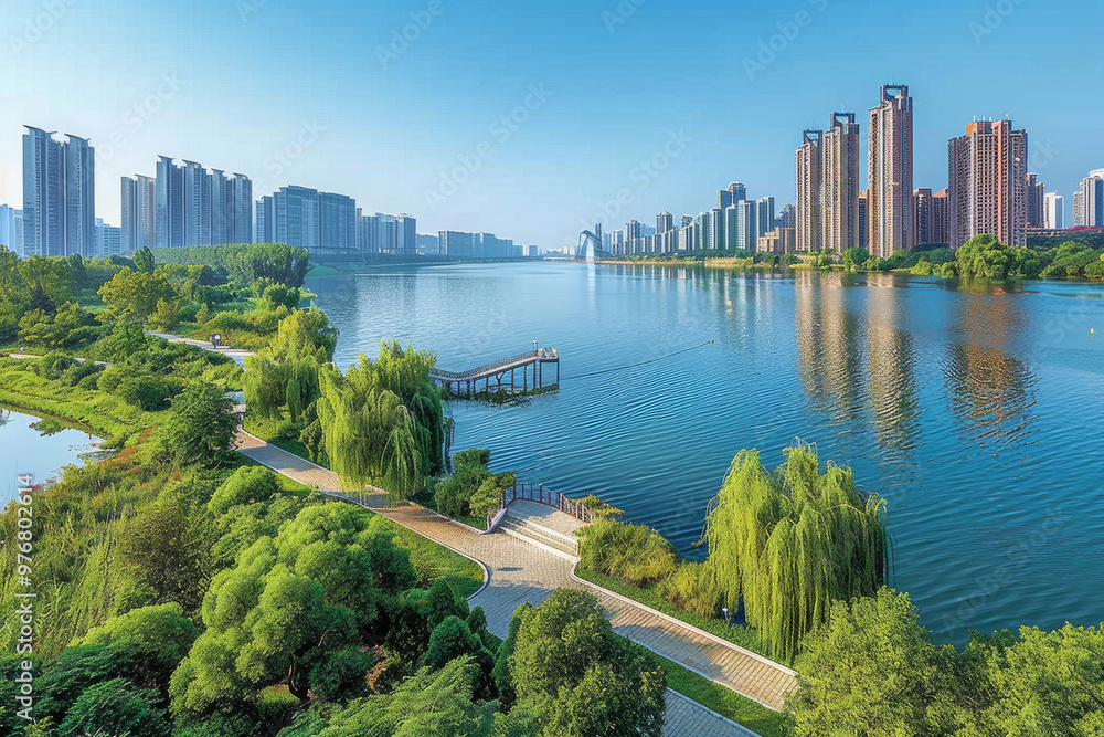 Obraz premium Urban residential buildings by the lake
