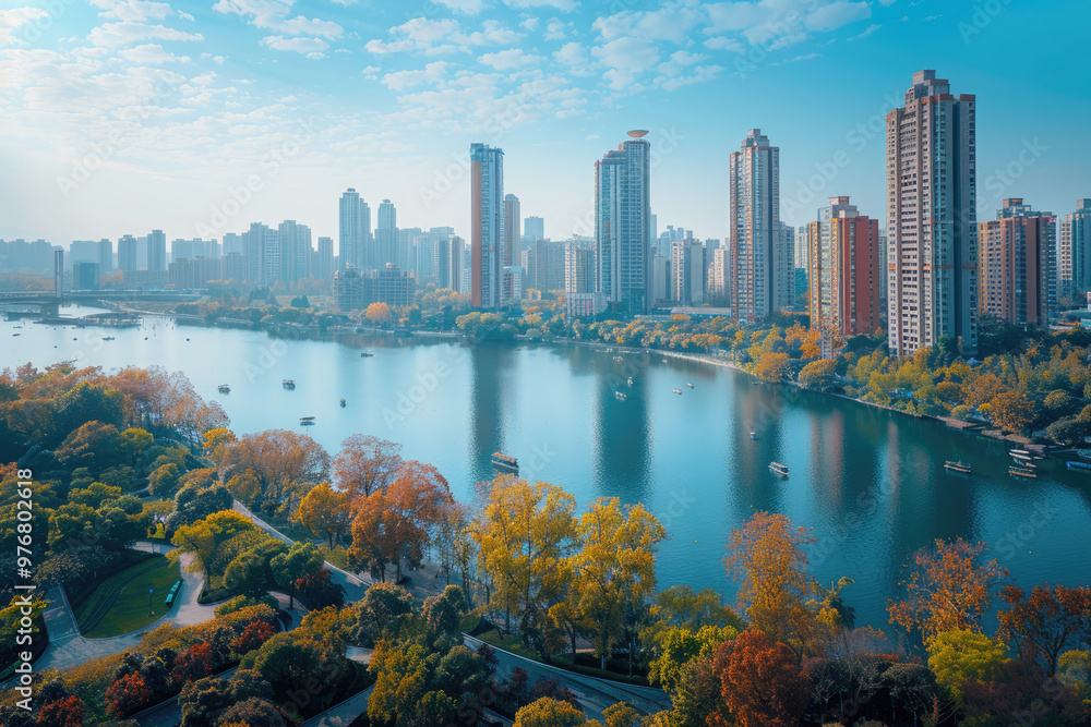 Fototapeta premium Urban residential buildings by the lake