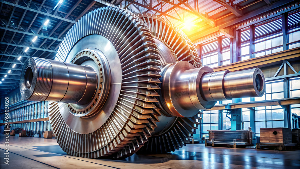 Sesm Rotor Shiny rotor of powerful steam turbine in light workshop, industrial ...