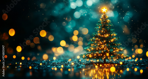 Christmas tree with lights glittering on a dark blue background with bokeh