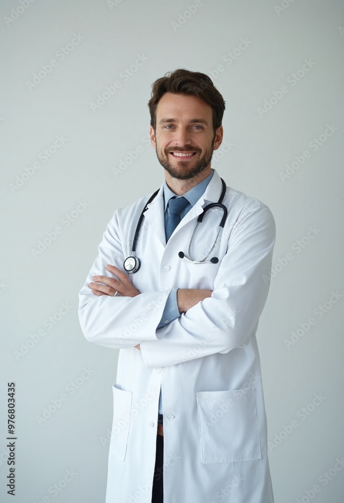 A confident doctor standing with his arms crossed against a blue background A confident doctor standing with his arms crossed against a blue background