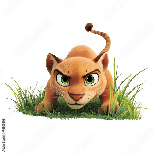 Animated Lion in Motion - Yellow Feline Character on White Background photo