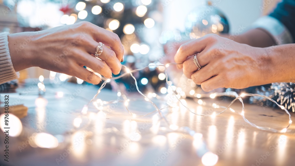 Couple Decorating with Fairy Lights for Christmas or Holiday. Close-up of a couple's hands gently untangling and decorating with warm white fairy lights. Couple Decorating with Fairy Lights for Christmas or Holiday. Close-up of a couple's hands gently untangling and decorating with warm white fairy lights.