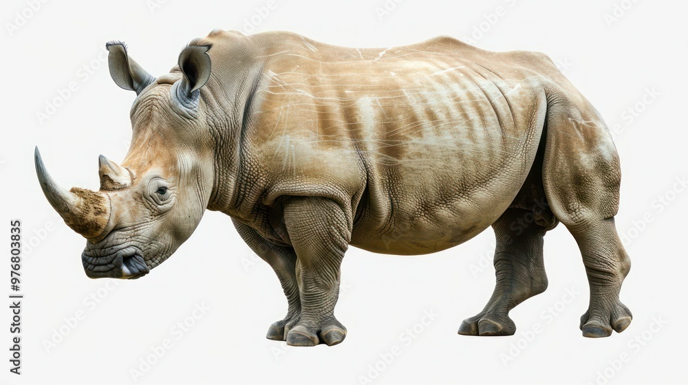 Fototapeta premium A rhinoceros with its head turned isolated on a transparent background.