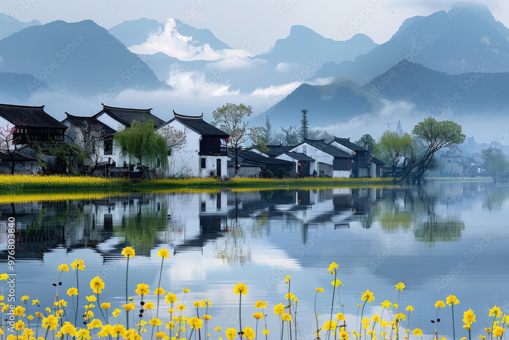 Fototapeta premium In spring, rapeseed flowers bloom, and houses by the lake