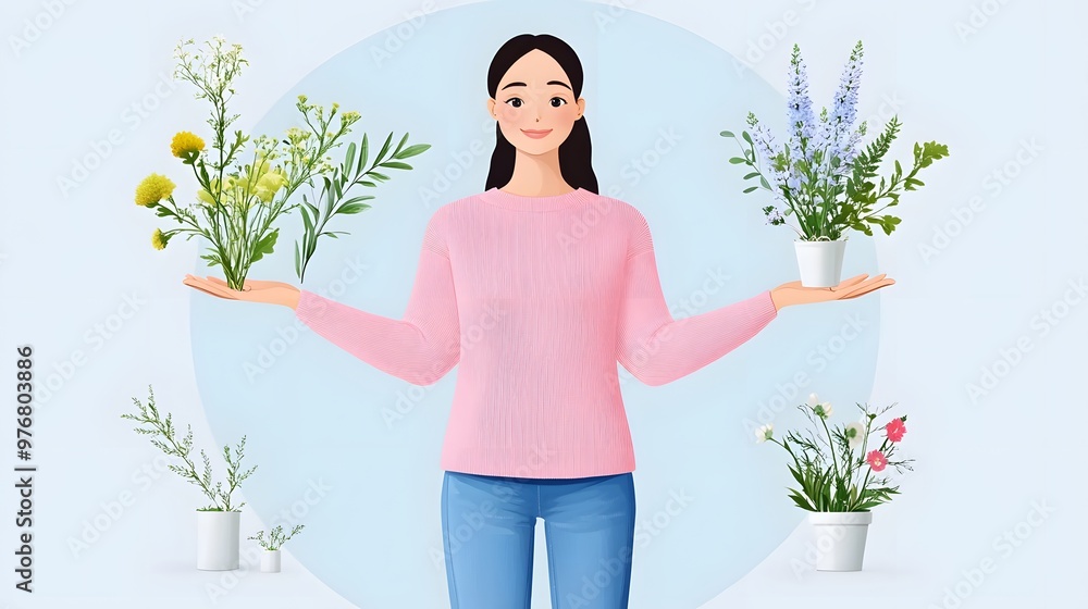 A woman holds potted plants, showcasing beauty and nature, dressed in a cozy sweater, perfect for gardening and wellness themes. A woman holds potted plants, showcasing beauty and nature, dressed in a cozy sweater, perfect for gardening and wellness themes.
