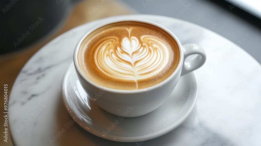 A beautifully crafted cappuccino in a white coffee cup, topped with intricate latte art, served on a sleek marble ca table. A beautifully crafted cappuccino in a white coffee cup, topped with intricate latte art, served on a sleek marble ca table.