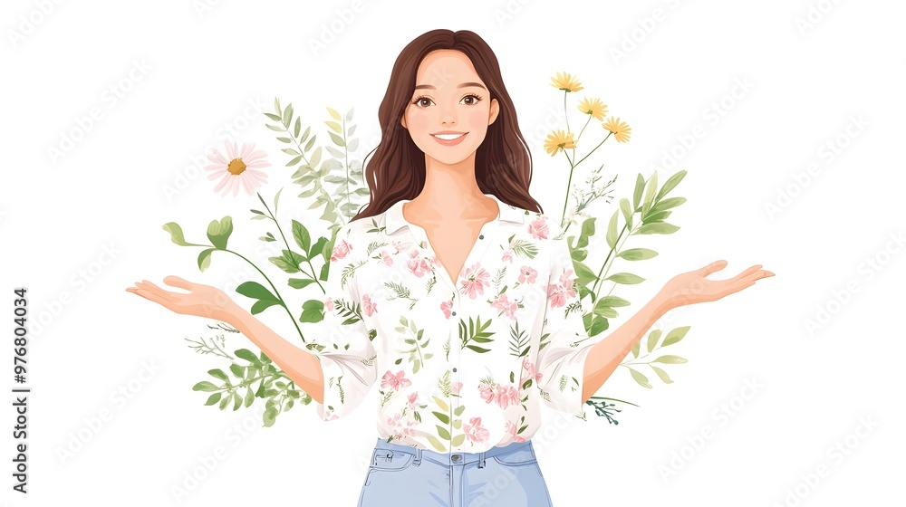 Cheerful woman surrounded by vibrant flowers and greenery, conveying a sense of joy and connection with nature. Cheerful woman surrounded by vibrant flowers and greenery, conveying a sense of joy and connection with nature.