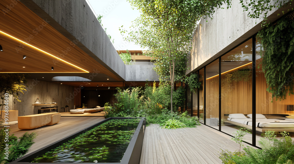A sleek modern hotel with an innovative design and rooftop garden. A sleek modern hotel with an innovative design and rooftop garden.