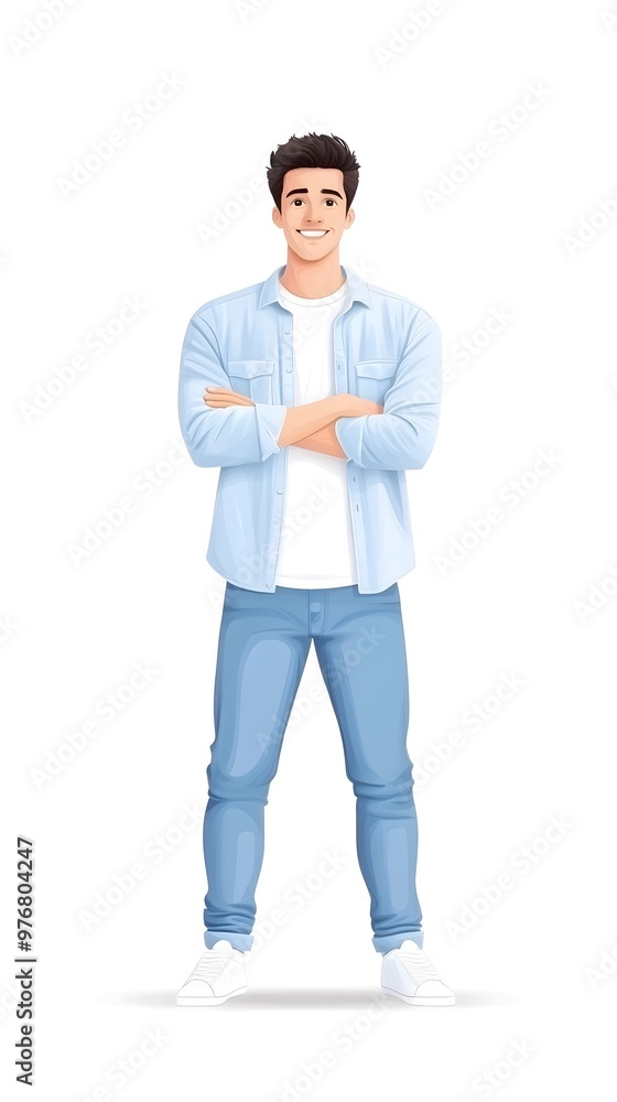 A cheerful young man standing confidently with arms crossed, wearing casual clothing in a modern, bright style. A cheerful young man standing confidently with arms crossed, wearing casual clothing in a modern, bright style.