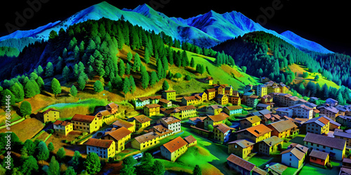 Small mountain village captured in high resolution LIDAR scan for GIS mapping, mountain, village, aerial, LIDAR, scan