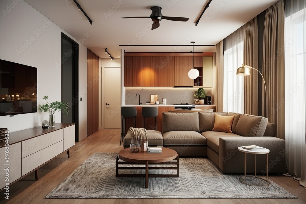 Fototapeta premium Contemporary Open-Plan Studio 3D Design: Warm Aesthetic and Comfortable Living Space