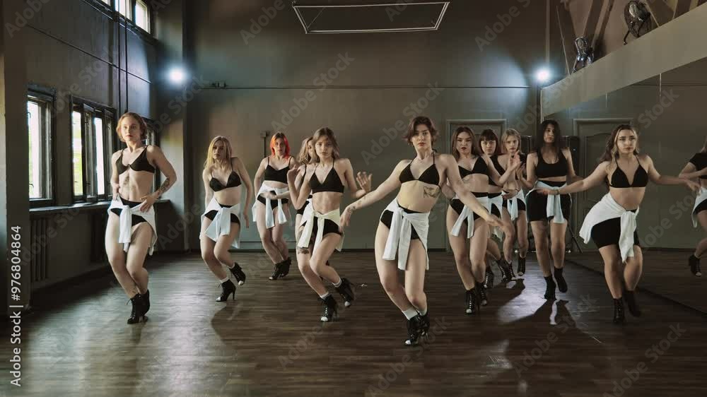 Young women performing sensual dance indoors. Women learning dance moves in dance room. Stylish graceful dancers performing elegant dance routine. Group of stylish young people dancing. 4K, UHD Young women performing sensual dance indoors. Women learning dance moves in dance room. Stylish graceful dancers performing elegant dance routine. Group of stylish young people dancing. 4K, UHD