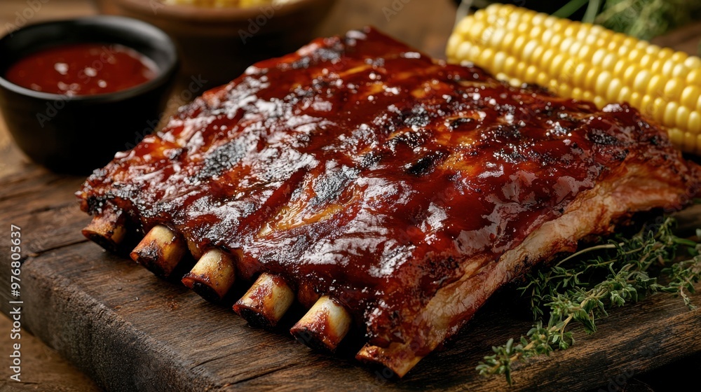 A close-up of juicy barbecue ribs coated in a thick layer of sauce, served on a rustic wooden platter with fresh herbs and corn on the cob. A close-up of juicy barbecue ribs coated in a thick layer of sauce, served on a rustic wooden platter with fresh herbs and corn on the cob.