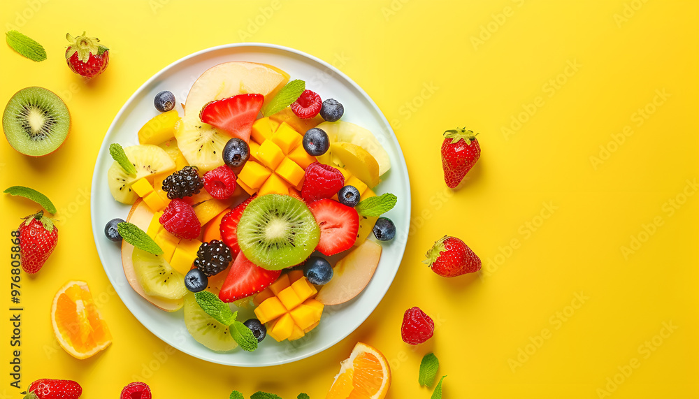 Plate of yummy fruit salad on yellow background, top view. Space for text Plate of yummy fruit salad on yellow background, top view. Space for text