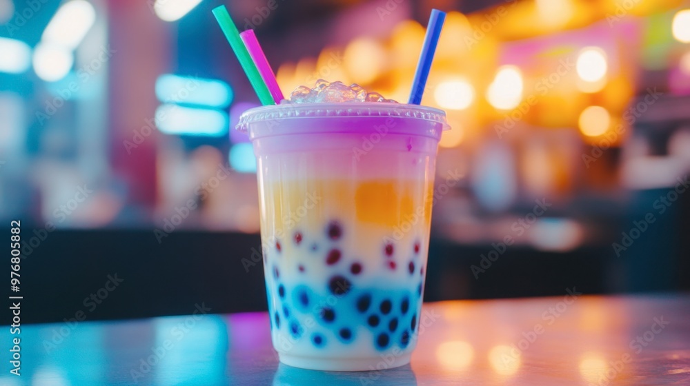 A cold bubble tea in a plastic cup, complete with chewy tapioca pearls, brightly colored straw, and layers of milk and tea swirling together. A cold bubble tea in a plastic cup, complete with chewy tapioca pearls, brightly colored straw, and layers of milk and tea swirling together.