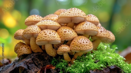 A cluster of shiitake mushrooms growing on a log in a forest, surrounded by moss and natural foliage, capturing the essence of wild foraging.