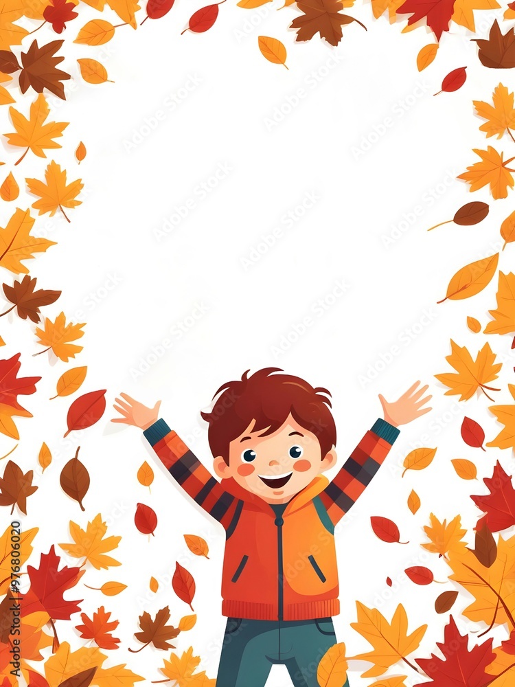 Happy kid with falling leaves on background with copyspace. Autumnal frame Happy kid with falling leaves on background with copyspace. Autumnal frame