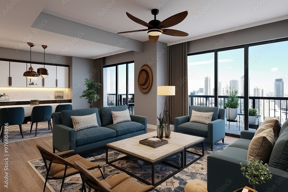 Fototapeta premium Cozy Apartment Lounge Space 3D Visualization with Comfortable Seating and Modern Decor