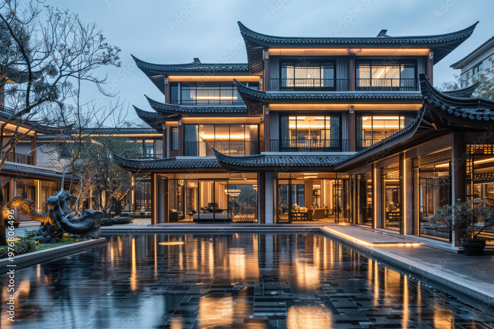 Obraz premium Chinese architecture at night, pavilions and towers