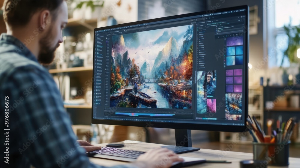 A designer working on a high-resolution monitor, with various graphics and design software open on the screen, showcasing a creative workspace filled with digital tools. A designer working on a high-resolution monitor, with various graphics and design software open on the screen, showcasing a creative workspace filled with digital tools.