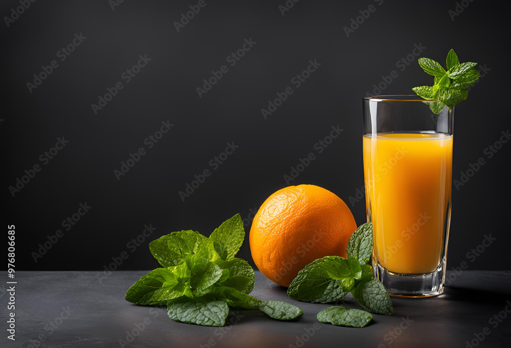Fototapeta premium Photorealistic image of a glass of orange juice next to it on a dark background with a sprig of leaves and a sprig of mint. Generative ai