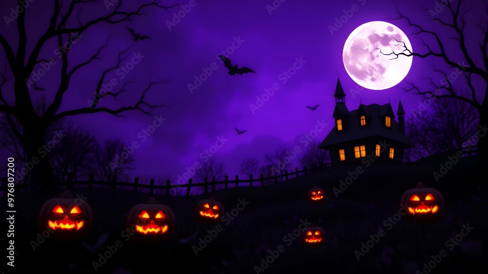 Halloween poster with jack-o-lanterns on haunting background. Purple holiday postcard background Halloween poster with jack-o-lanterns on haunting background. Purple holiday postcard background