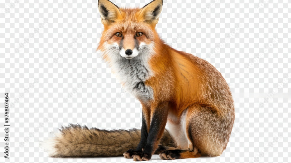 A fox with a bushy tail sitting attentively isolated on a transparent background. A fox with a bushy tail sitting attentively isolated on a transparent background.
