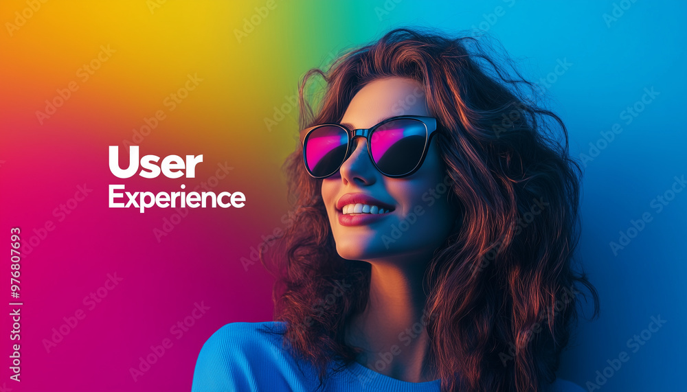 Young woman with curly hair wearing sunglasses on a vibrant gradient background with the text 'User Experience'. Young woman with curly hair wearing sunglasses on a vibrant gradient background with the text 'User Experience'.