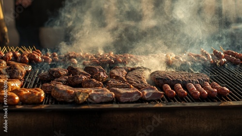 A grill packed with sizzling meats, including sausages, steaks, and skewers, as smoke rises in the air during a backyard barbecue on a sunny day. photo