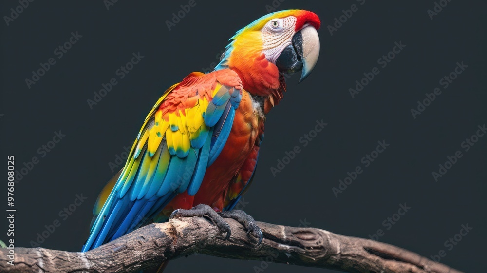 Fototapeta premium A colorful macaw perched on a branch isolated on a transparent background.